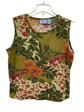 Jane Ashley Olive Floral Tank with Orange & Pink Blooms